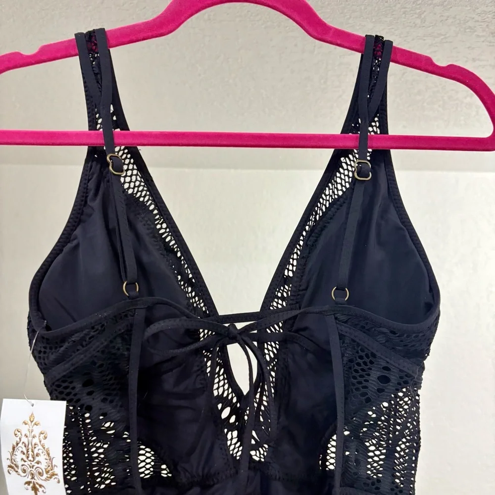 NWT! BECCA BY REBECCA VIRTUE, Crochet One-Piece Swimsuit in black. - Picture 3 of 10